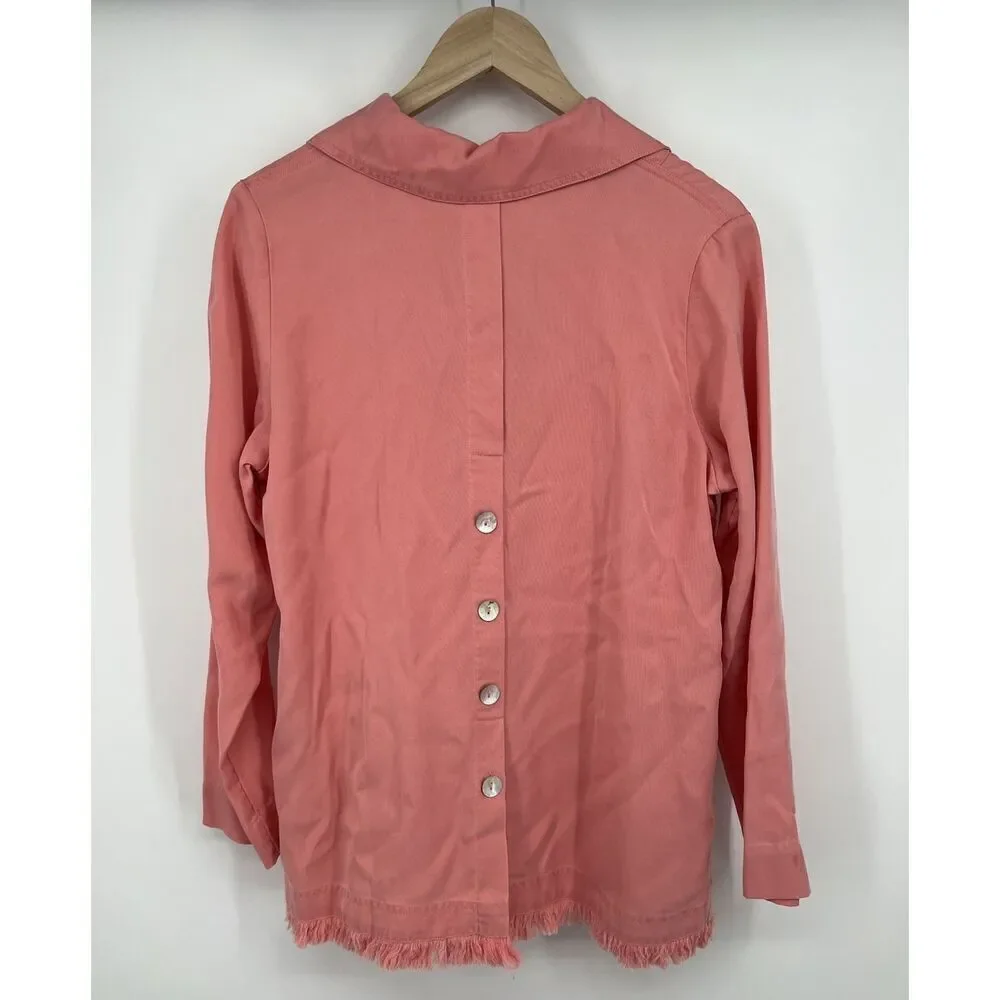 Soft Surroundings Shirt Jacket Size Medium Button Coral Pockets Raw Hem